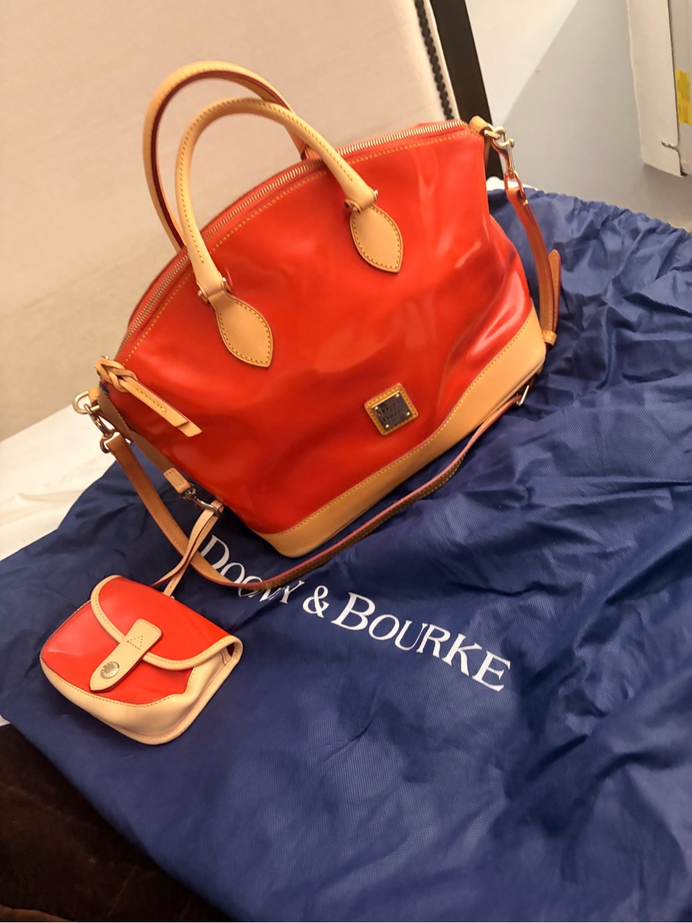 Dooney & Bourke Orange Leather Satchel with Cream Trim and Crossbody Strap